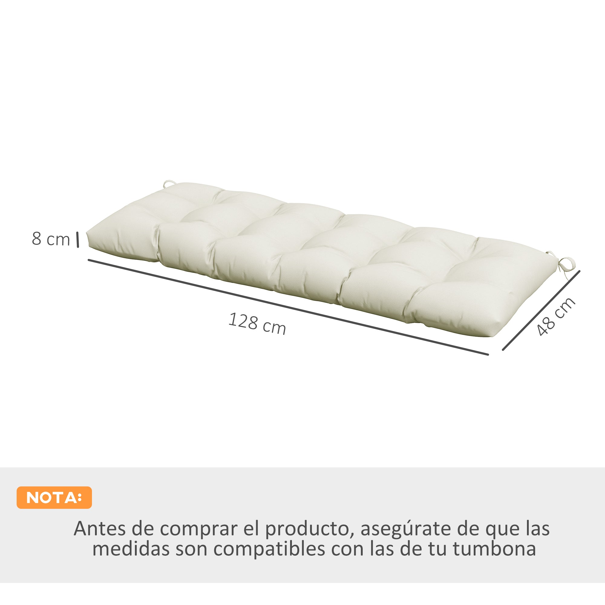 Bench Cushion 128x48x8 cm Garden Bench Mattress with 2 Fixing Cords Waterproof and UV 50+ Protection for Garden Swing Terrace Cream