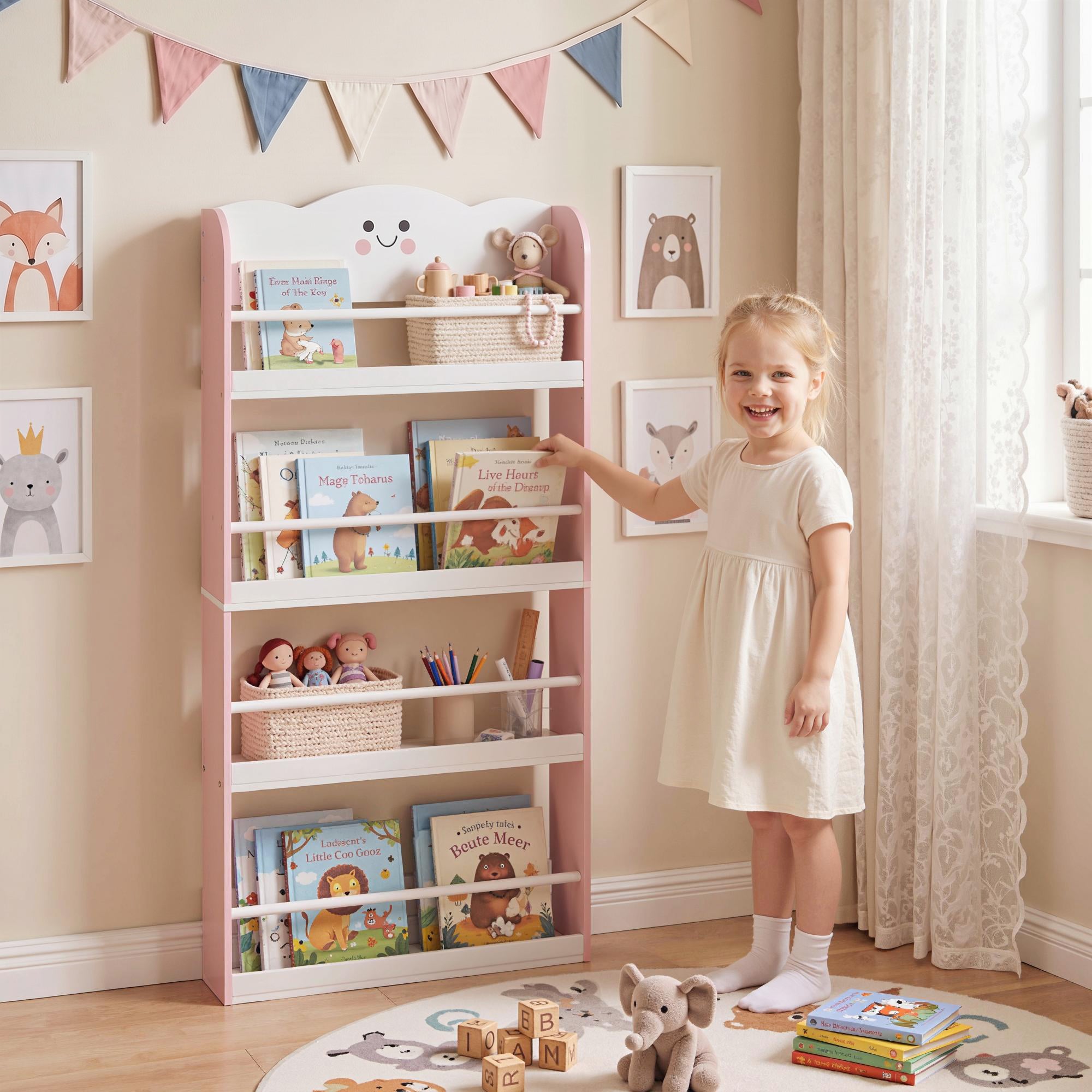 Wall-Mounted Kids Bookshelf, 4-Tier Pink Cotton Candy-Themed Storage Shelf for Playroom & Bedroom