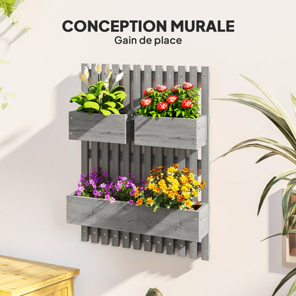 Wall-Mounted Vertical Planter — 3 Removable Fir Wood Boxes with Non-Woven Liners, 60 x 16 x 80 cm (Gray)