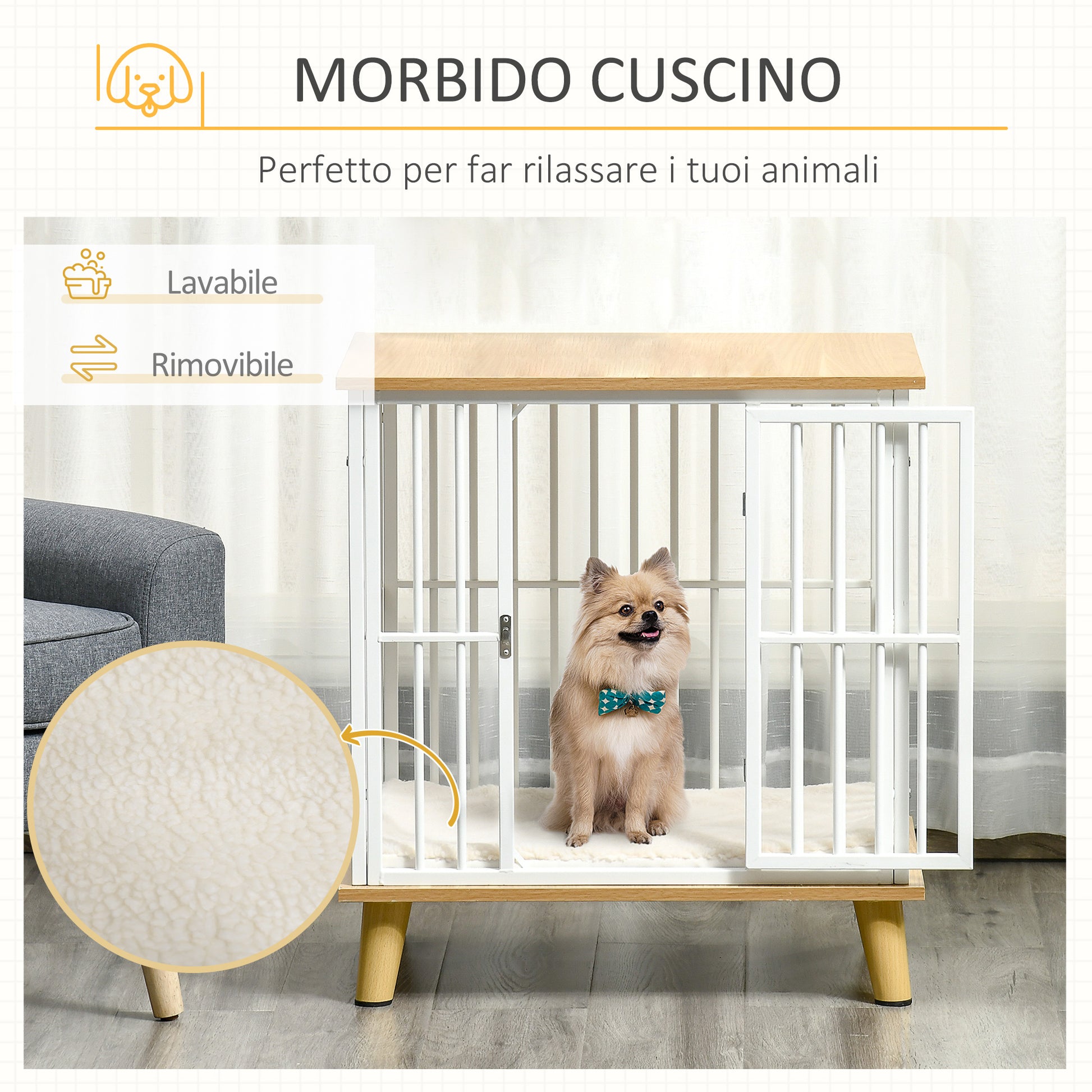 Indoor Wooden and Steel Dog House, Kennel with Removable and Washable Cushion for Small Breeds, Oak