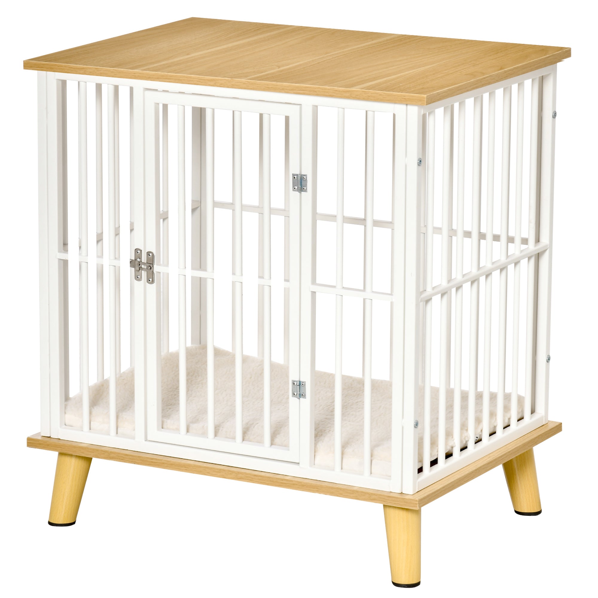 Indoor Wooden and Steel Dog House, Kennel with Removable and Washable Cushion for Small Breeds, Oak