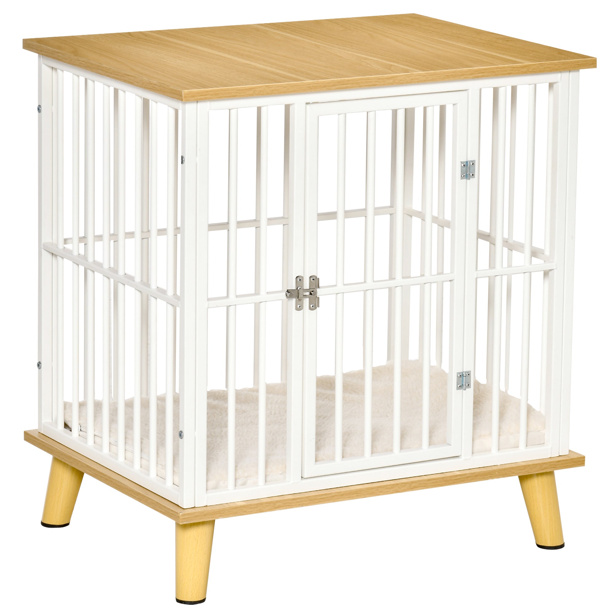 Indoor Wooden and Steel Dog House, Kennel with Removable and Washable Cushion for Small Breeds, Oak