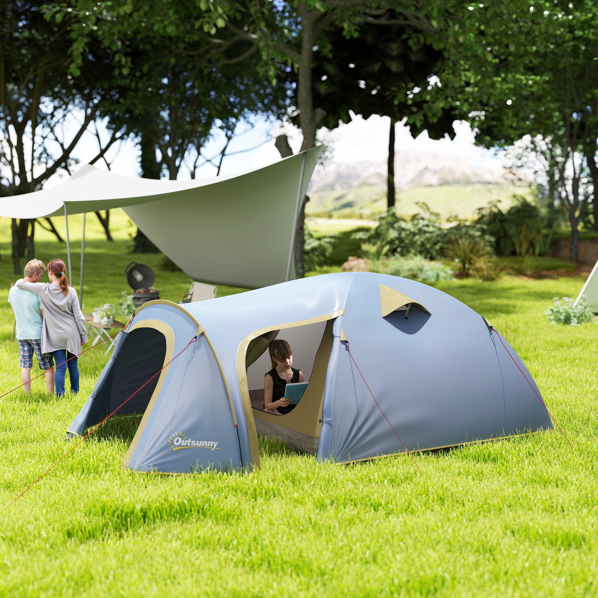 Camping Tent for 4 Persons, Waterproof Tunnel Tent with 2 Doors Hook Groundsheet Carry Bag, Family Tent with 2000mm Hydrostatic Head Camping Travel Trekking Garden