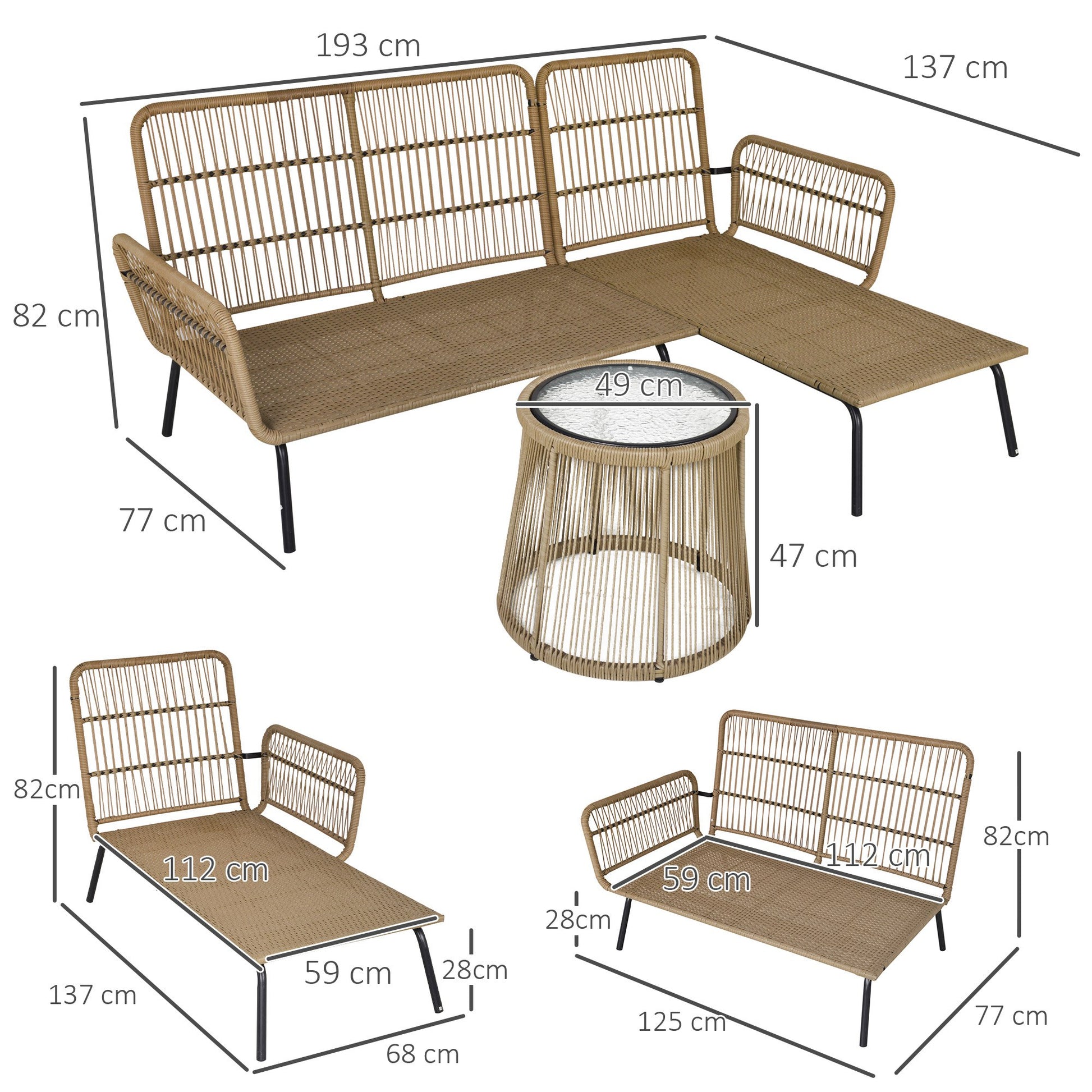 3 pc Rattan Garden Furniture Set, Seating Group with Cushions, Garden Furniture with 1 Side Table, 1 Lounger, 1 Double Sofa, Seating group for Garden, Terrace, Steel, Coffee