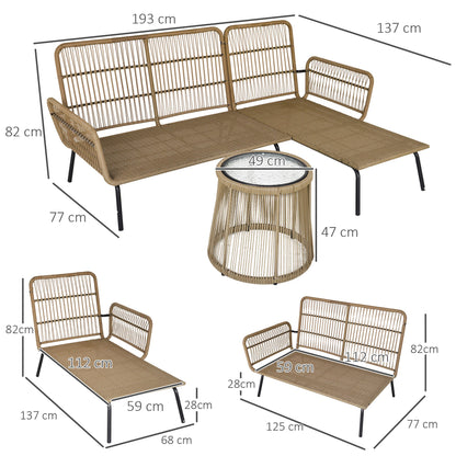3 pc Rattan Garden Furniture Set, Seating Group with Cushions, Garden Furniture with 1 Side Table, 1 Lounger, 1 Double Sofa, Seating group for Garden, Terrace, Steel, Coffee