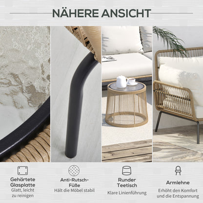 3 pc Rattan Garden Furniture Set, Seating Group with Cushions, Garden Furniture with 1 Side Table, 1 Lounger, 1 Double Sofa, Seating group for Garden, Terrace, Steel, Coffee