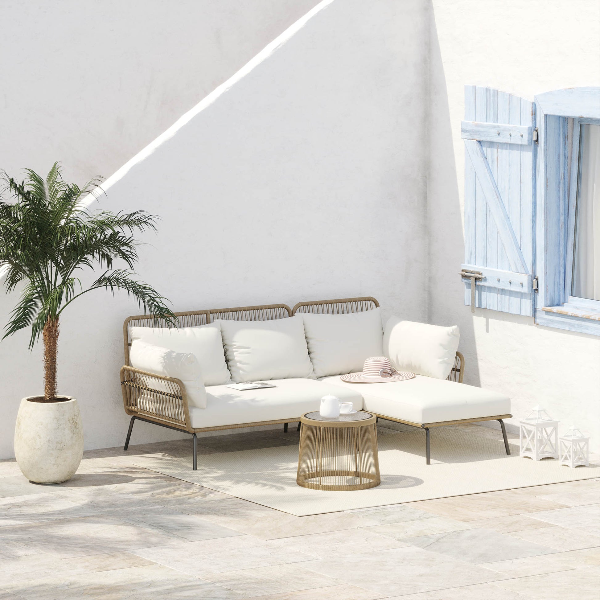 3 pc Rattan Garden Furniture Set, Seating Group with Cushions, Garden Furniture with 1 Side Table, 1 Lounger, 1 Double Sofa, Seating group for Garden, Terrace, Steel, Coffee