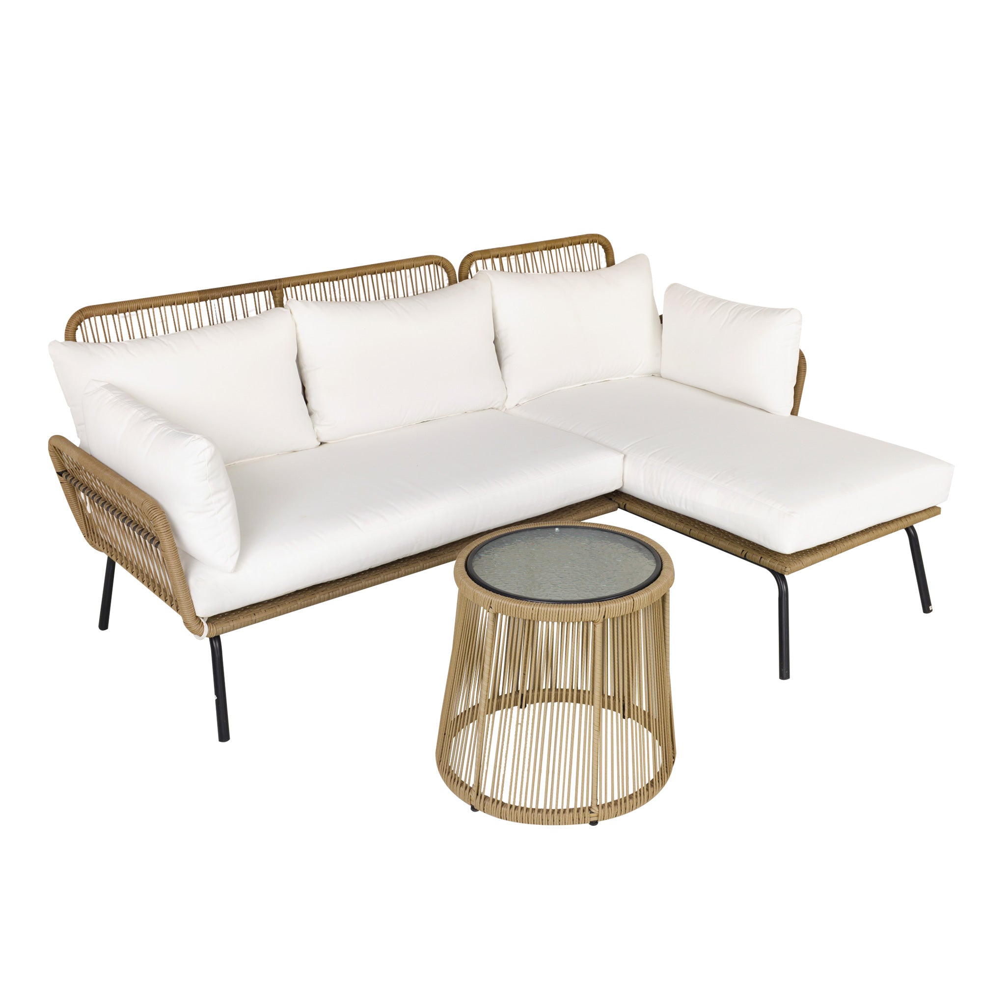 3 pc Rattan Garden Furniture Set, Seating Group with Cushions, Garden Furniture with 1 Side Table, 1 Lounger, 1 Double Sofa, Seating group for Garden, Terrace, Steel, Coffee