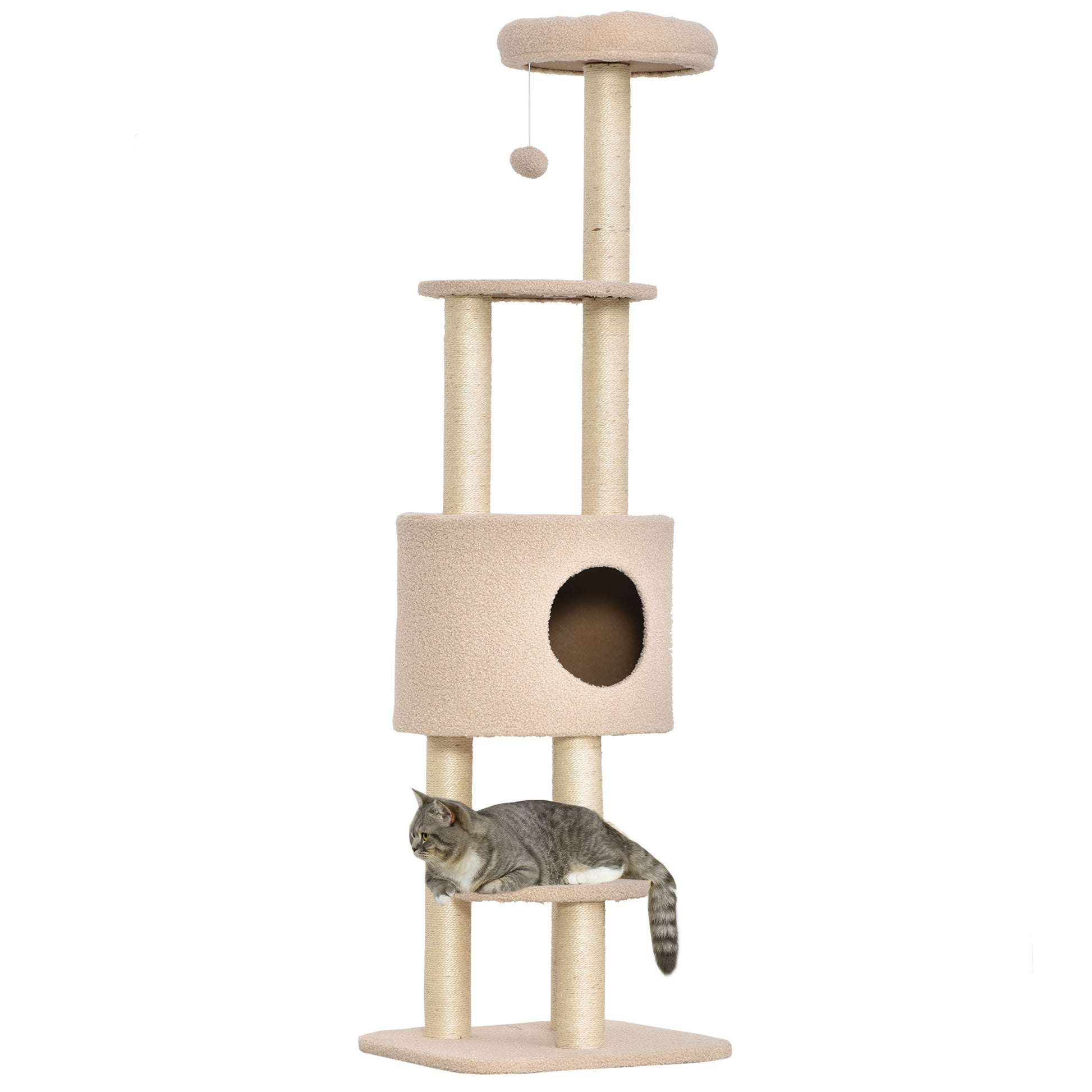 Cat Scratching Tree Height 148 cm Cat Tower with Sisal Posts 3 Platforms House and Hanging Ball Beige