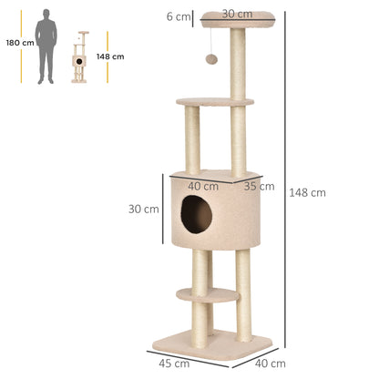 Cat Scratching Tree Height 148 cm Cat Tower with Sisal Posts 3 Platforms House and Hanging Ball Beige