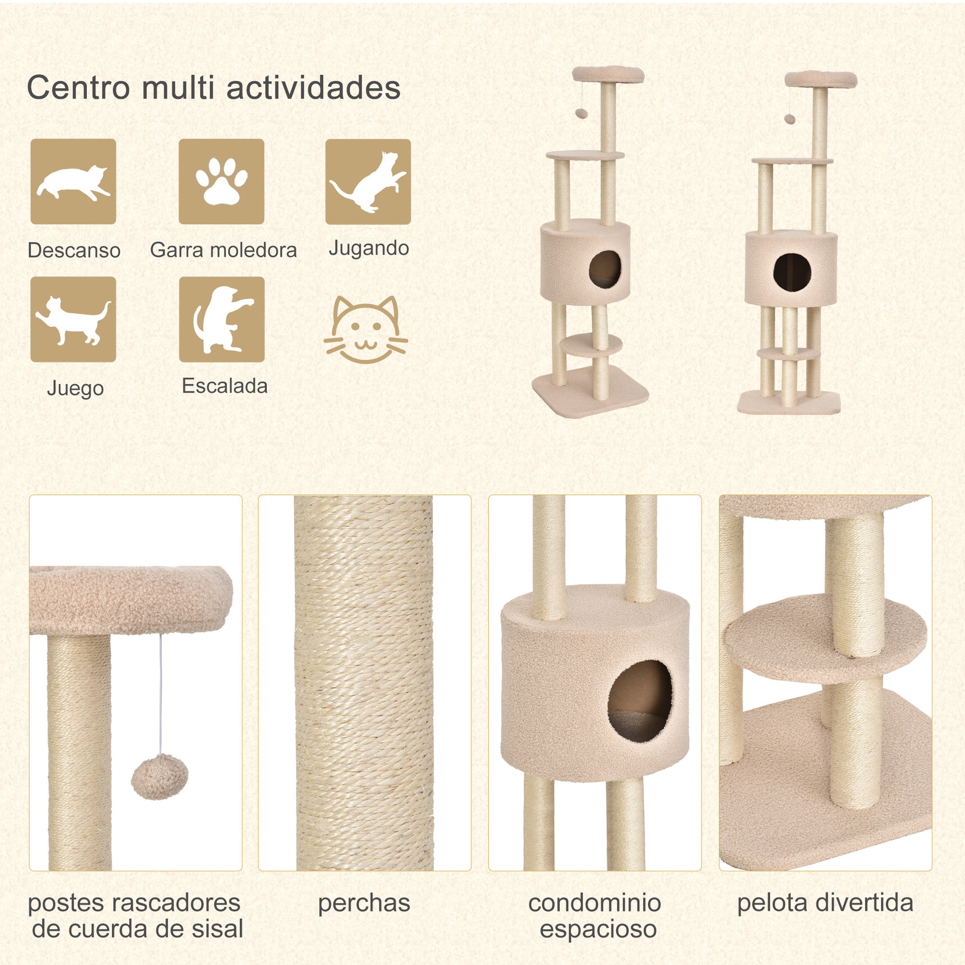 Cat Scratching Tree Height 148 cm Cat Tower with Sisal Posts 3 Platforms House and Hanging Ball Beige