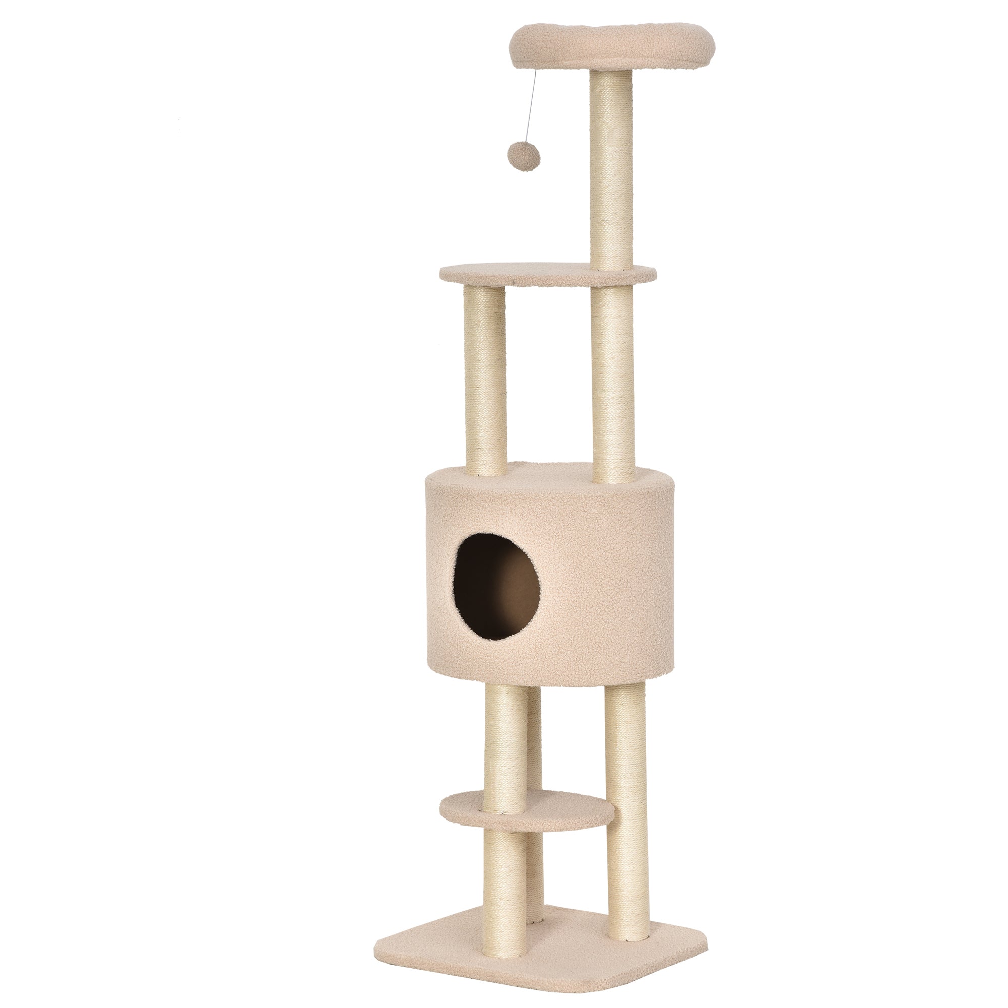 Cat Scratching Tree Height 148 cm Cat Tower with Sisal Posts 3 Platforms House and Hanging Ball Beige