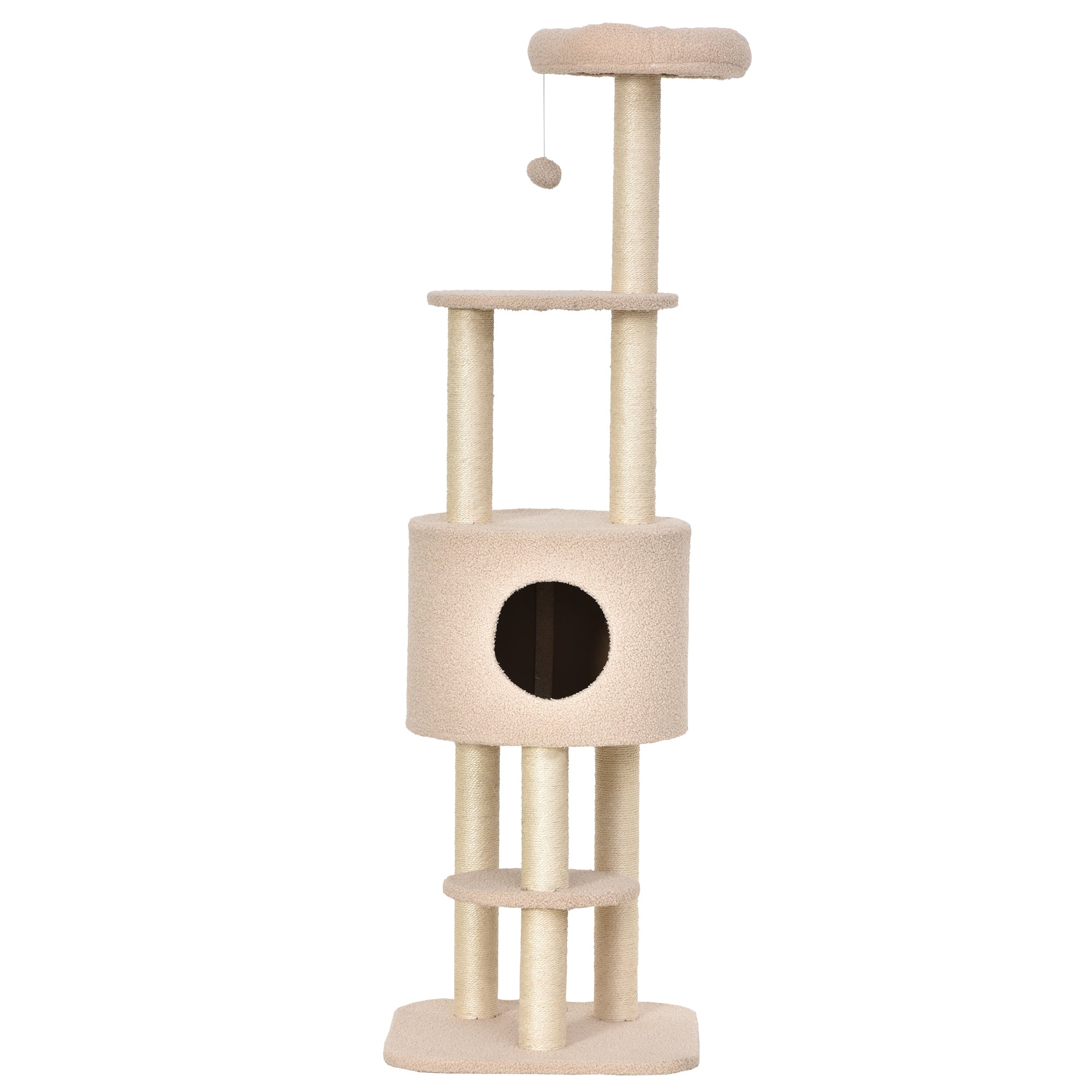 Cat Scratching Tree Height 148 cm Cat Tower with Sisal Posts 3 Platforms House and Hanging Ball Beige