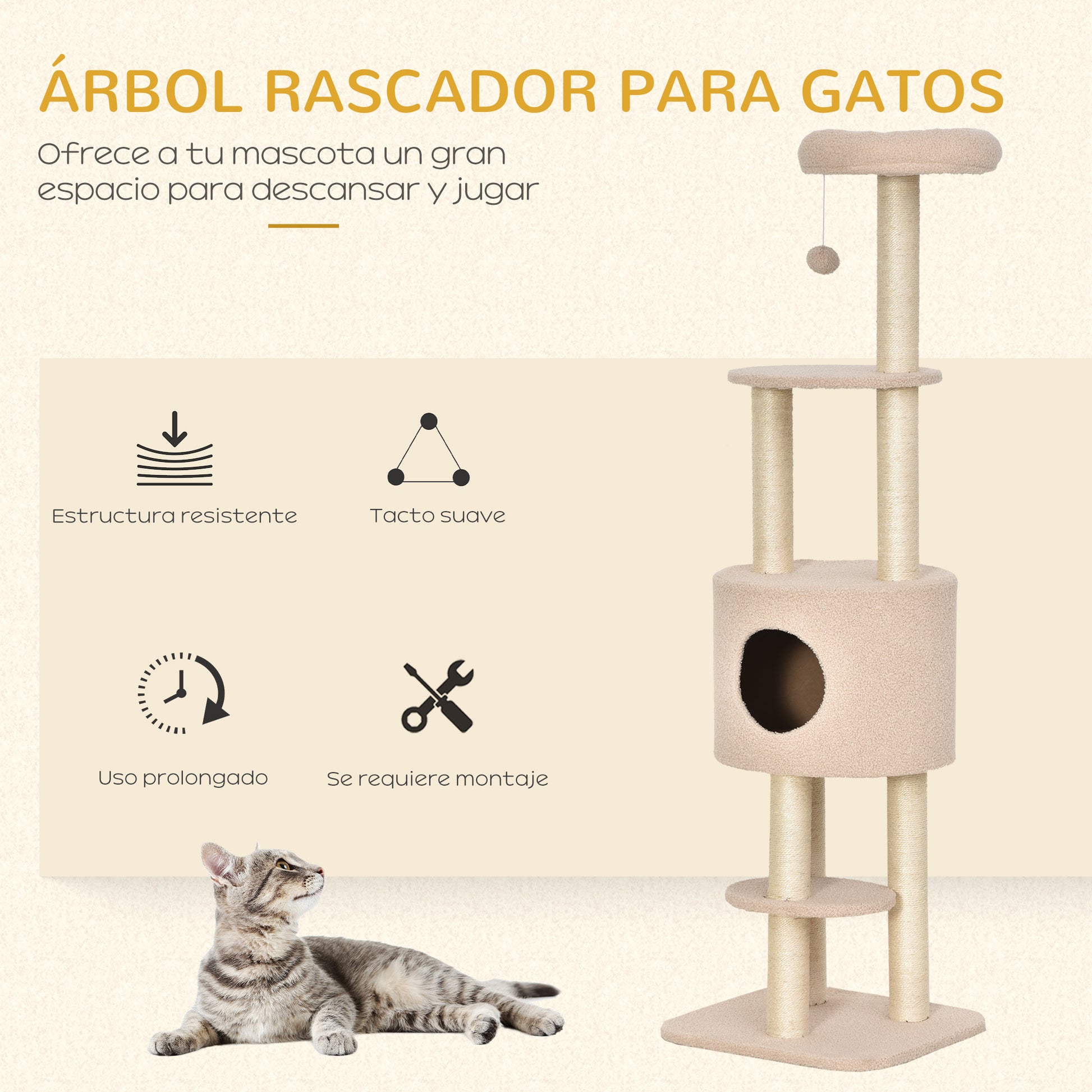 Cat Scratching Tree Height 148 cm Cat Tower with Sisal Posts 3 Platforms House and Hanging Ball Beige