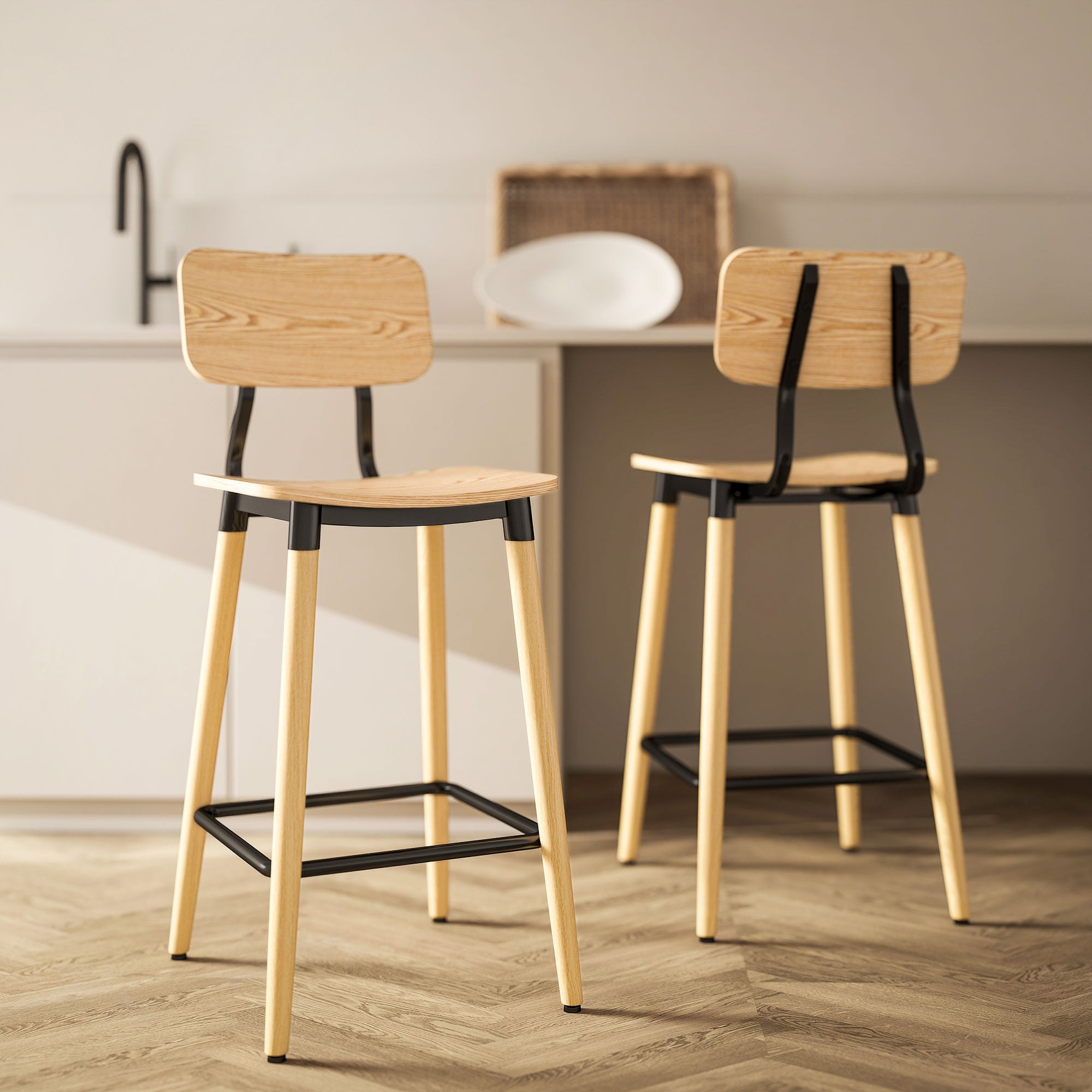 Bar Stool Set of 2 Bar Chair Counter Stool with Backrest and Footrest, Kitchen Chairs with Steel Legs for Kitchen, Living Room, Dining Room Natural