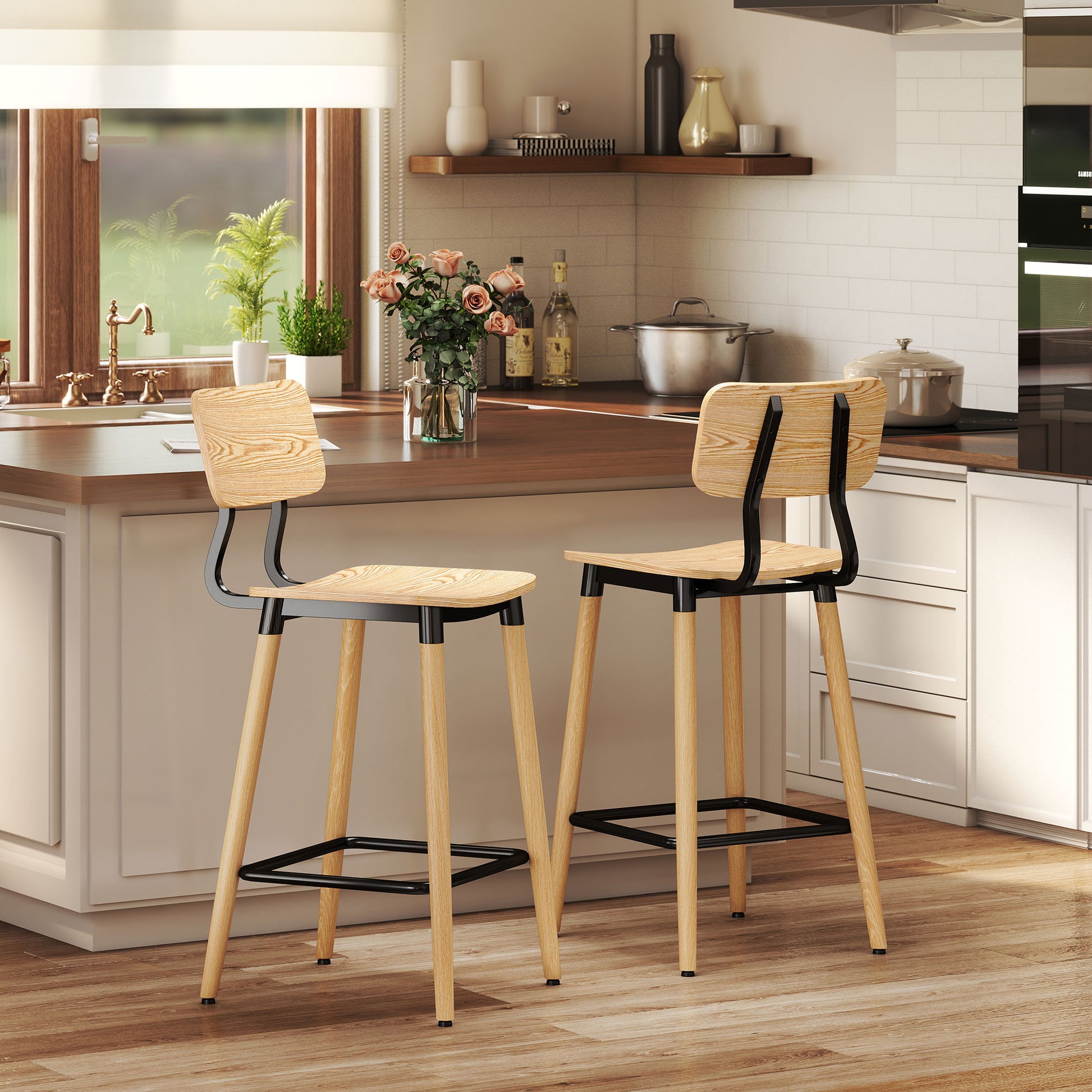 Bar Stool Set of 2 Bar Chair Counter Stool with Backrest and Footrest, Kitchen Chairs with Steel Legs for Kitchen, Living Room, Dining Room Natural