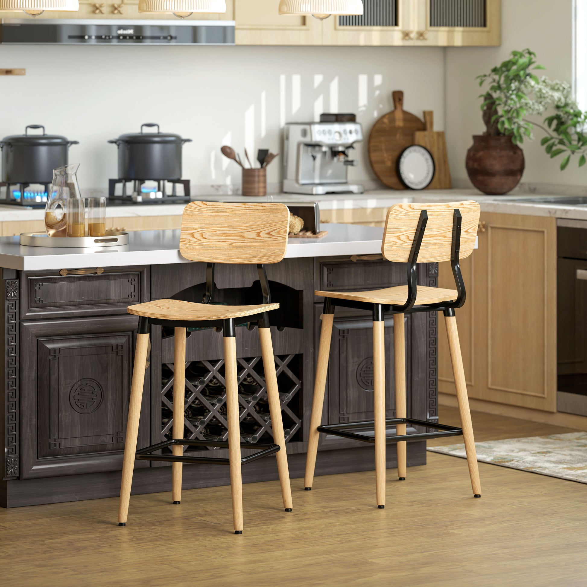 Bar Stool Set of 2 Bar Chair Counter Stool with Backrest and Footrest, Kitchen Chairs with Steel Legs for Kitchen, Living Room, Dining Room Natural