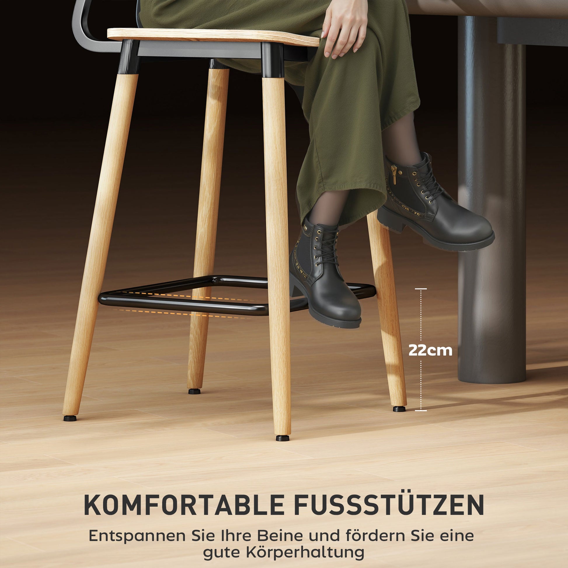 Bar Stool Set of 2 Bar Chair Counter Stool with Backrest and Footrest, Kitchen Chairs with Steel Legs for Kitchen, Living Room, Dining Room Natural