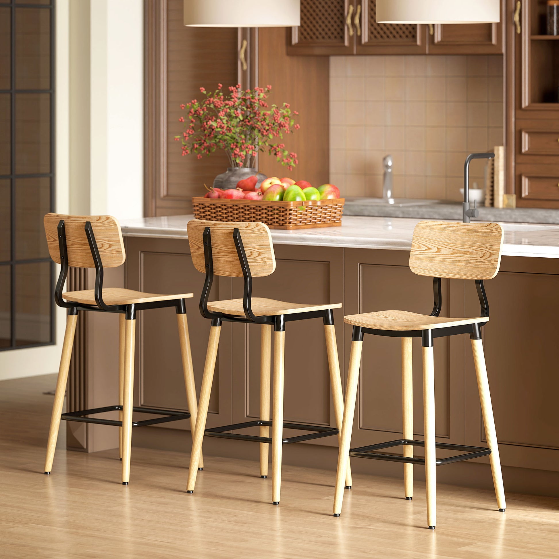 Bar Stool Set of 2 Bar Chair Counter Stool with Backrest and Footrest, Kitchen Chairs with Steel Legs for Kitchen, Living Room, Dining Room Natural