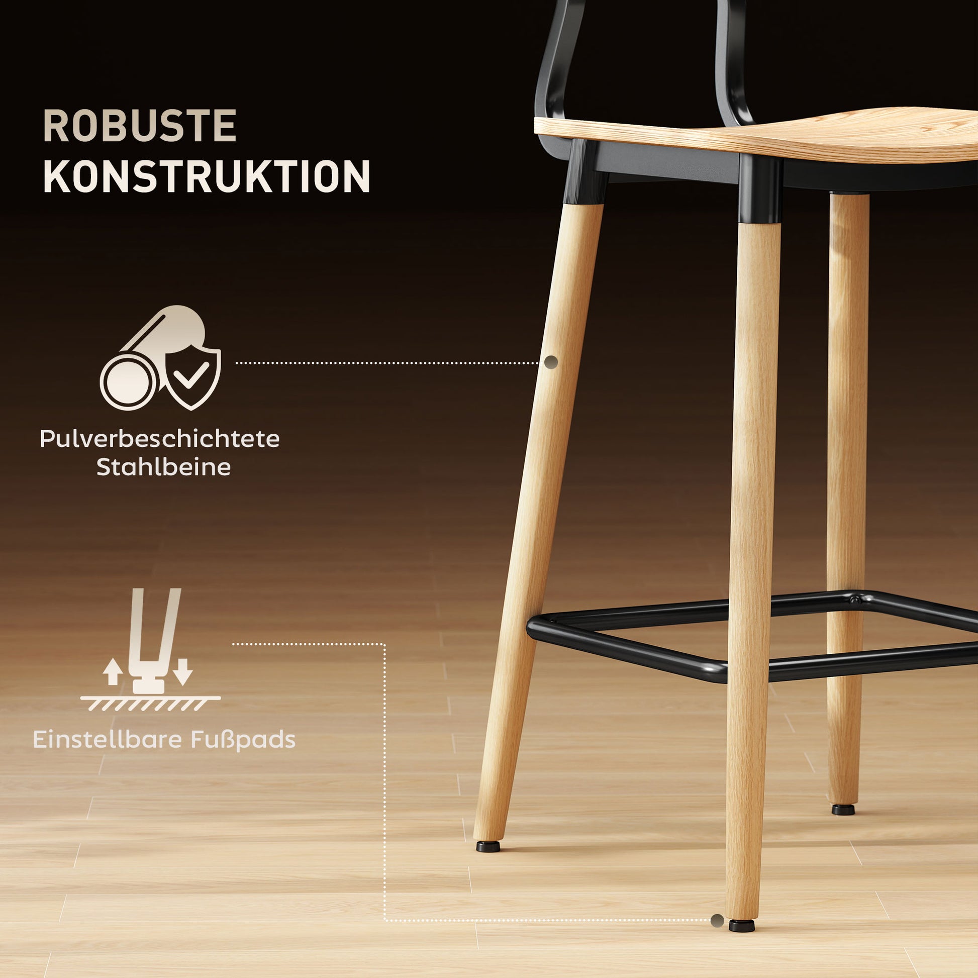 Bar Stool Set of 2 Bar Chair Counter Stool with Backrest and Footrest, Kitchen Chairs with Steel Legs for Kitchen, Living Room, Dining Room Natural
