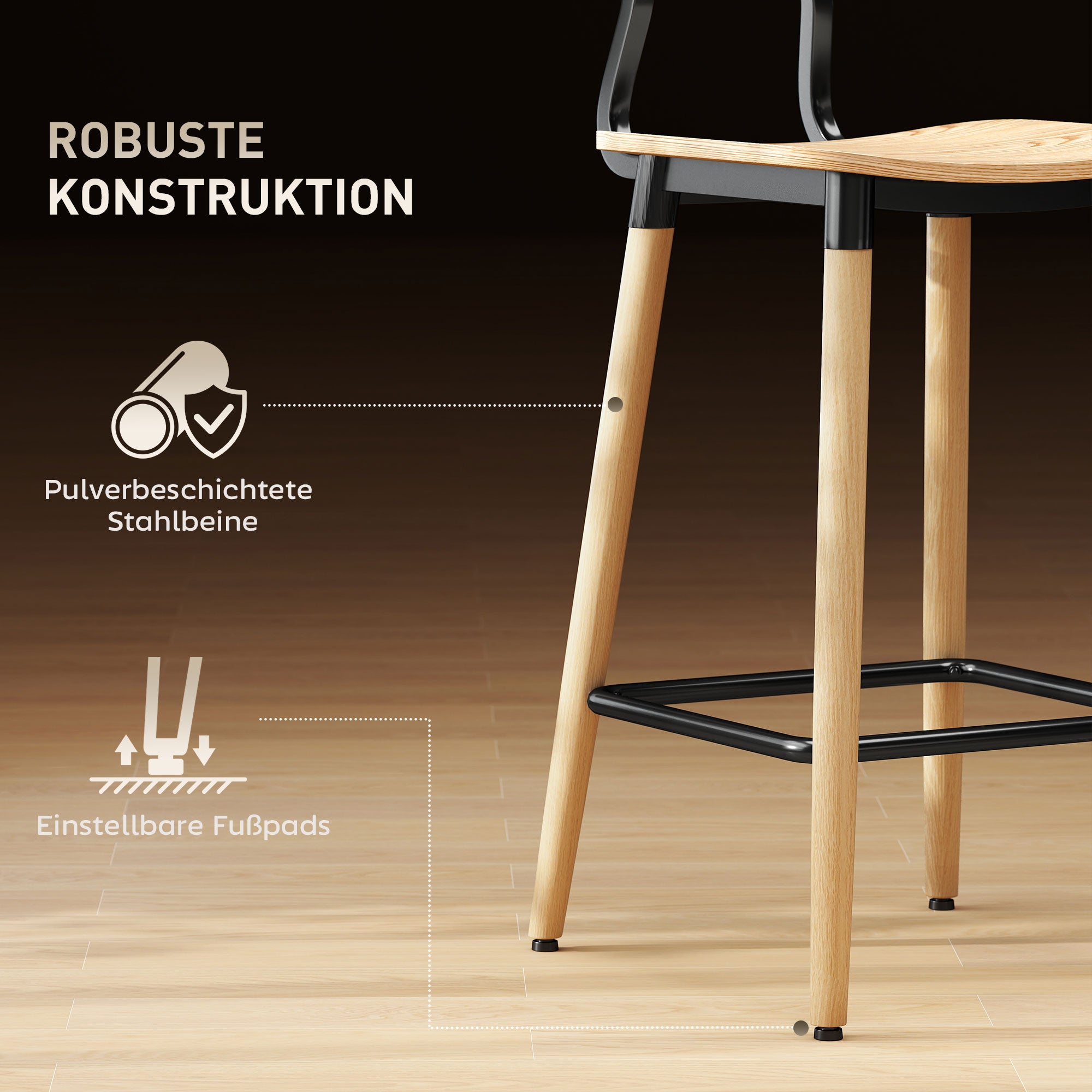 Bar Stool Set of 2 Bar Chair Counter Stool with Backrest and Footrest, Kitchen Chairs with Steel Legs for Kitchen, Living Room, Dining Room Natural