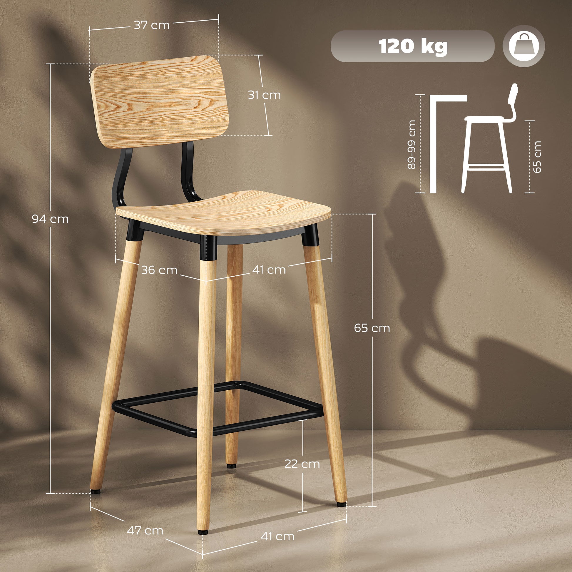 Bar Stool Set of 2 Bar Chair Counter Stool with Backrest and Footrest, Kitchen Chairs with Steel Legs for Kitchen, Living Room, Dining Room Natural
