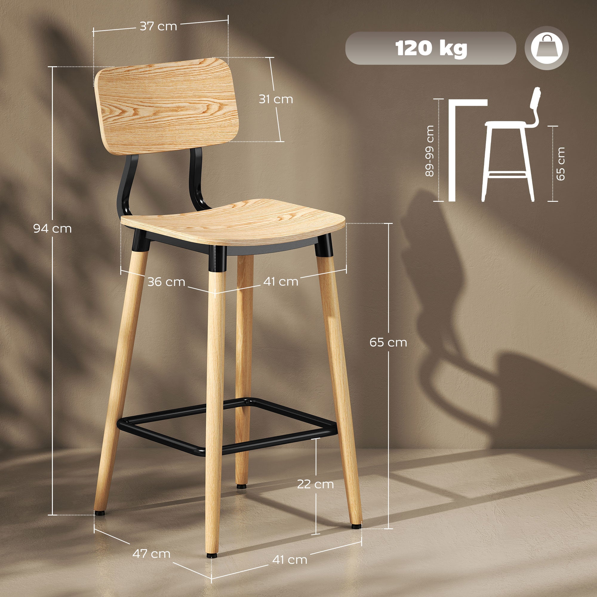 Bar Stool Set of 2 Bar Chair Counter Stool with Backrest and Footrest, Kitchen Chairs with Steel Legs for Kitchen, Living Room, Dining Room Natural