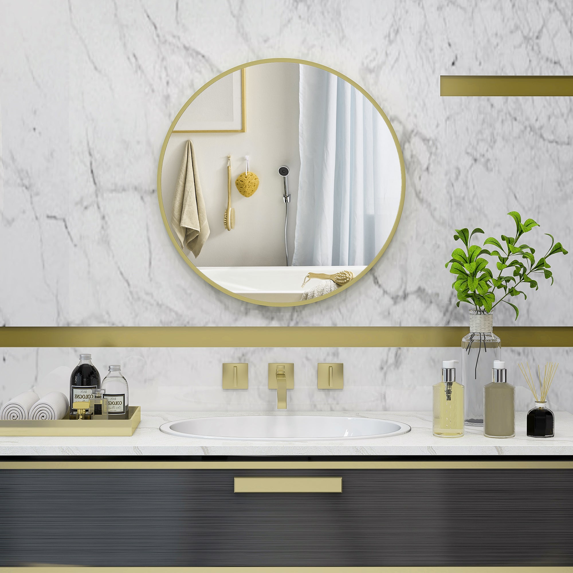 Bathroom Mirror Ø60 cm Wall Mirror Decorative Mirror with Aluminum Frame and Easy Installation Hook for Living Room Entryway Hallway Gold
