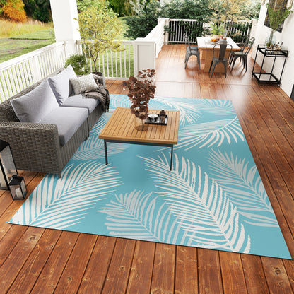 Reversible Durable Weatherproof Outdoor Rug with Carry Bag & Ground Anchors for Balcony, Garden, Patio, Bathroom, Hallway, Kitchen — 9' x 6' (274 x 182 cm), Light Blue & White