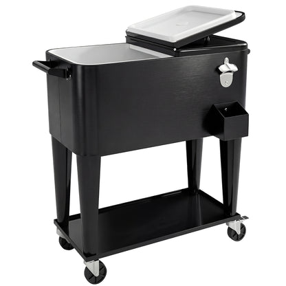 76-Liter Cooler Cart with Shelf, Drain, Wheels, Steel Bottle Opener & Cap Catcher — Black Outdoor Cooler