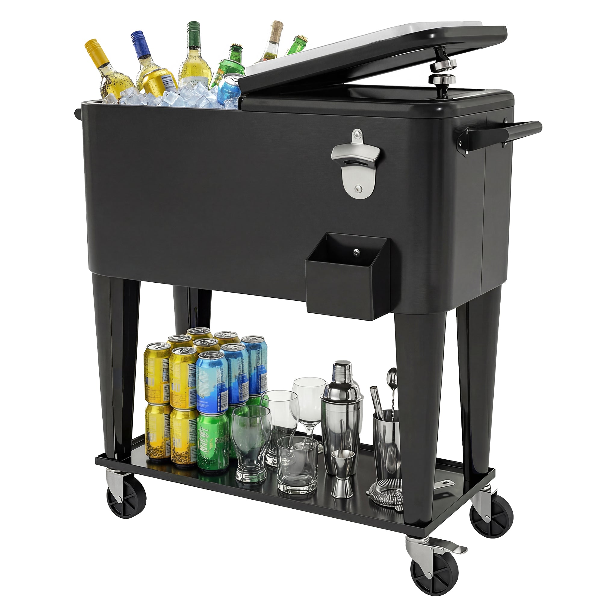 76-Liter Cooler Cart with Shelf, Drain, Wheels, Steel Bottle Opener & Cap Catcher — Black Outdoor Cooler