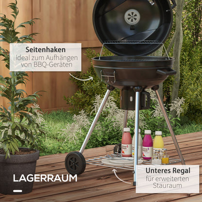 Charcoal Grill BBQ Smoker with Lid Thermometer Wheels Charcoal Pan Handle Grill Cart Kettle Grill, Charcoal Grill for Barbecue Camping, Patio, Garden 55 x 65 x 89 cm