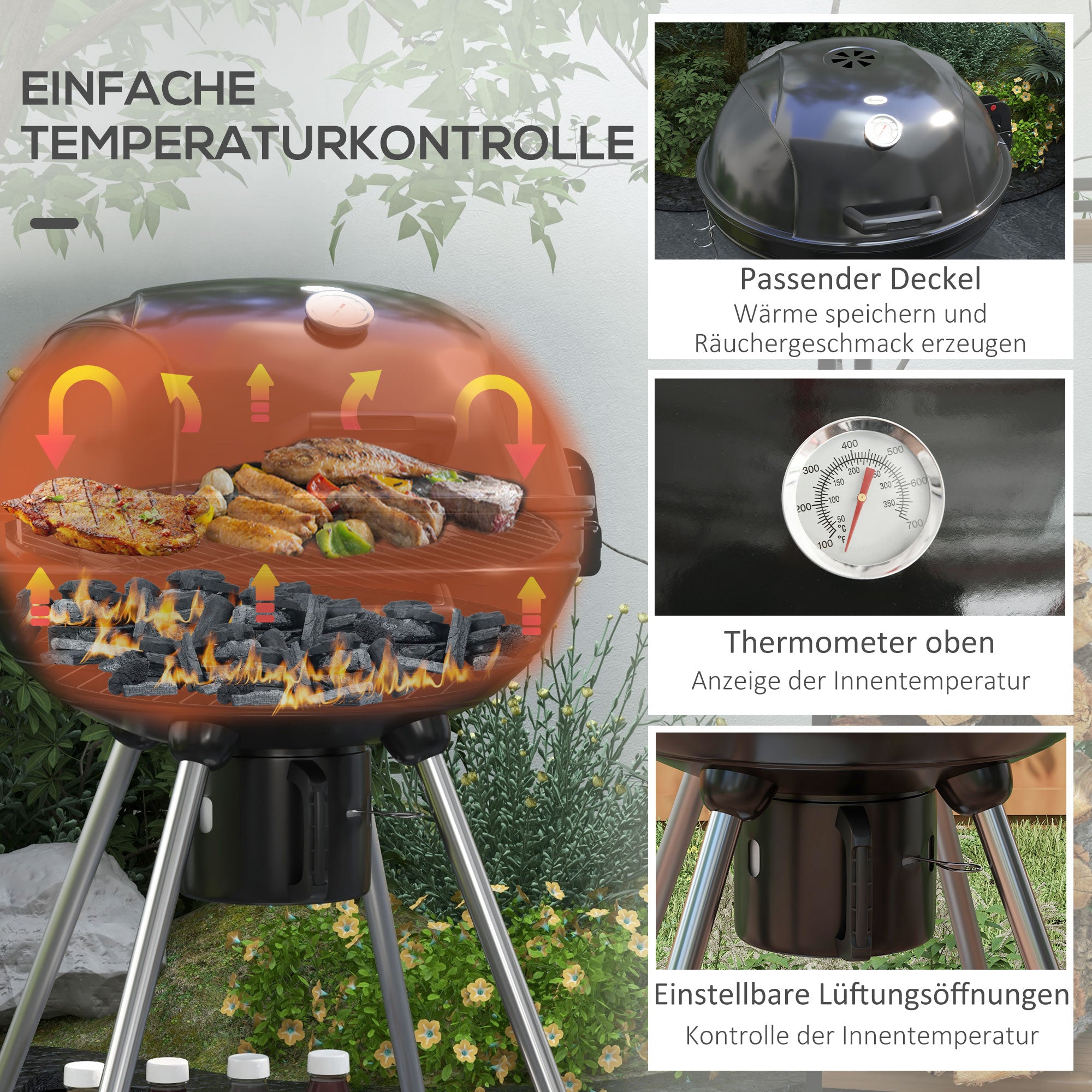 Charcoal Grill BBQ Smoker with Lid Thermometer Wheels Charcoal Pan Handle Grill Cart Kettle Grill, Charcoal Grill for Barbecue Camping, Patio, Garden 55 x 65 x 89 cm