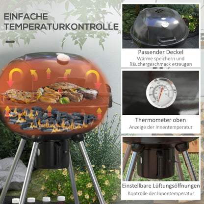 Charcoal Grill BBQ Smoker with Lid Thermometer Wheels Charcoal Pan Handle Grill Cart Kettle Grill, Charcoal Grill for Barbecue Camping, Patio, Garden 55 x 65 x 89 cm