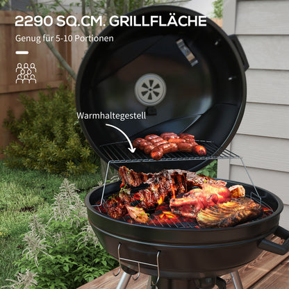 Charcoal Grill BBQ Smoker with Lid Thermometer Wheels Charcoal Pan Handle Grill Cart Kettle Grill, Charcoal Grill for Barbecue Camping, Patio, Garden 55 x 65 x 89 cm