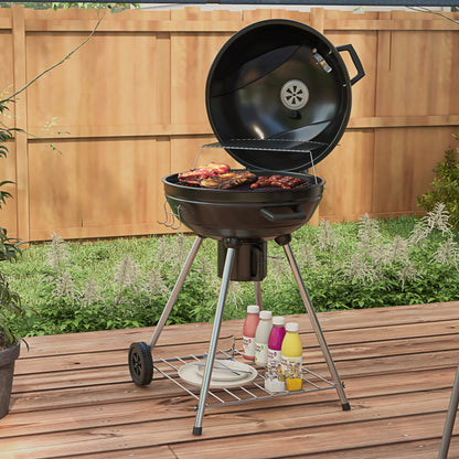 Charcoal Grill BBQ Smoker with Lid Thermometer Wheels Charcoal Pan Handle Grill Cart Kettle Grill, Charcoal Grill for Barbecue Camping, Patio, Garden 55 x 65 x 89 cm