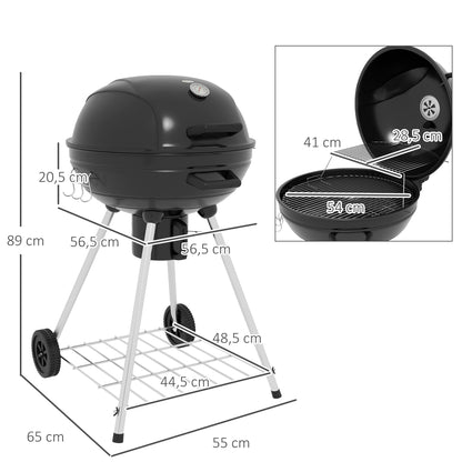 Charcoal Grill BBQ Smoker with Lid Thermometer Wheels Charcoal Pan Handle Grill Cart Kettle Grill, Charcoal Grill for Barbecue Camping, Patio, Garden 55 x 65 x 89 cm