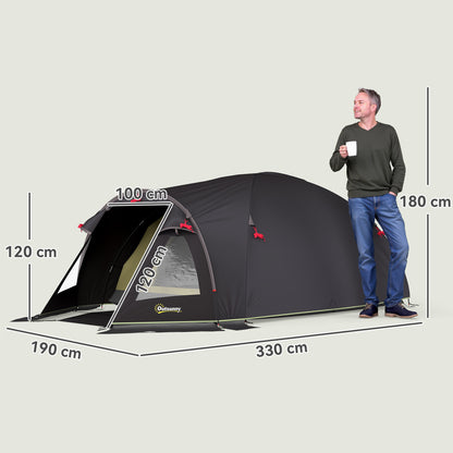 Tunnel Camping Tent for 2-4 People with 2 Rooms, Family Camping Tent for 4 People Waterproof 3000mm with Mesh Door, Side Windows, and Carrying Bag, 330x190x120 cm, Black