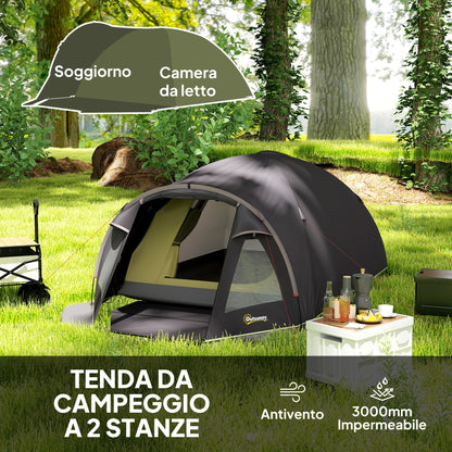 Tunnel Camping Tent for 2-4 People with 2 Rooms, Family Camping Tent for 4 People Waterproof 3000mm with Mesh Door, Side Windows, and Carrying Bag, 330x190x120 cm, Black
