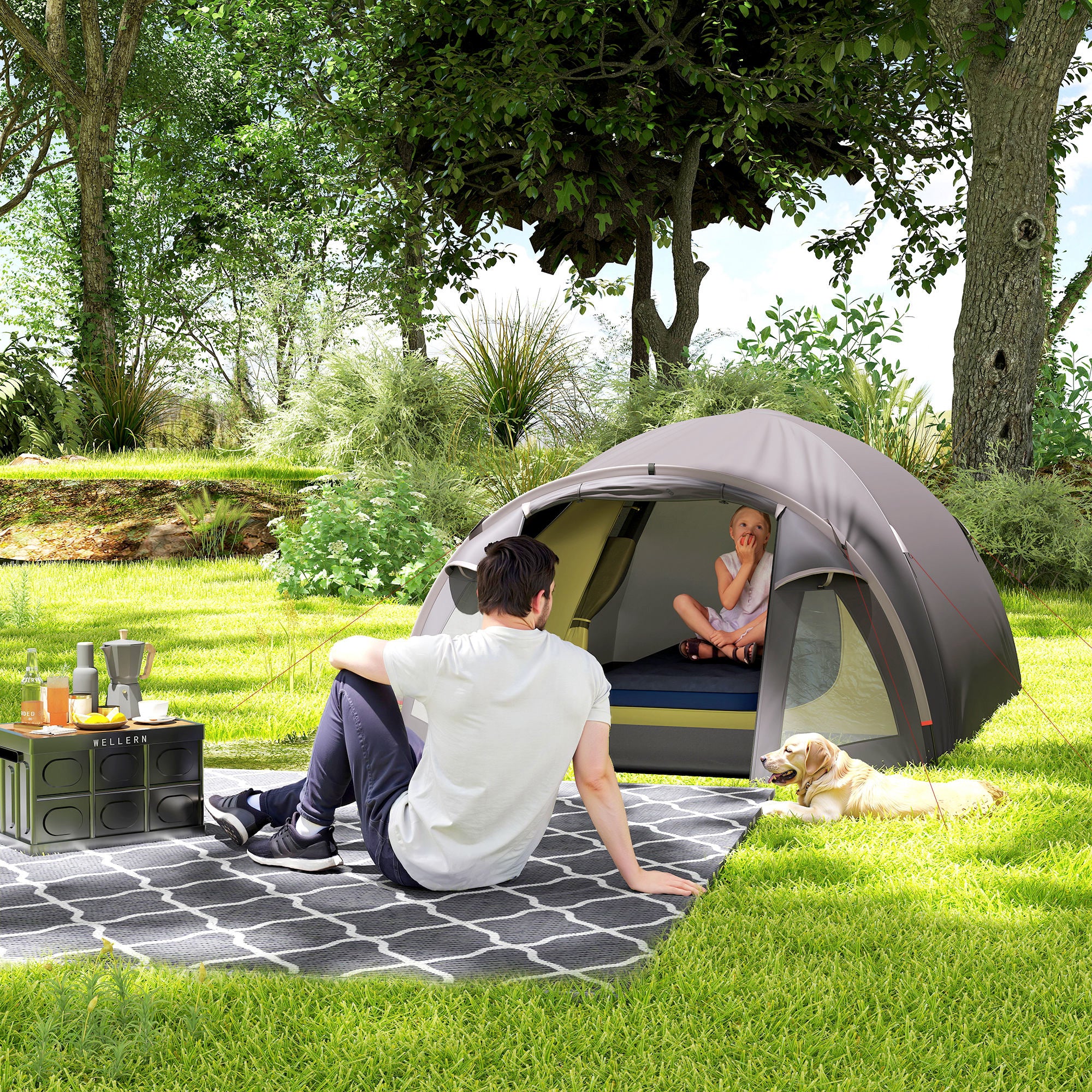Tunnel Camping Tent for 2-4 People with 2 Rooms, Family Camping Tent for 4 People Waterproof 3000mm with Mesh Door, Side Windows, and Carrying Bag, 330x190x120 cm, Black