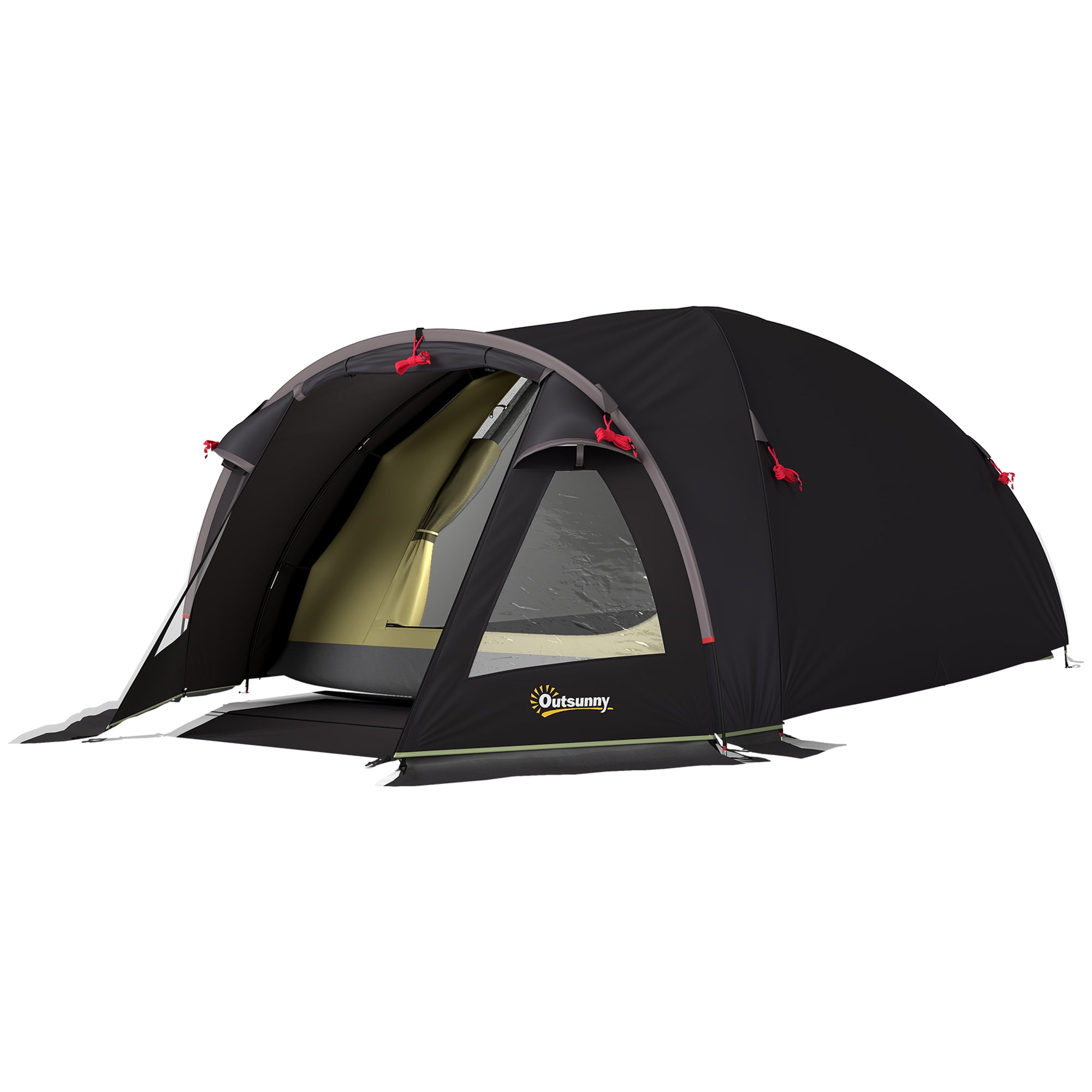 Tunnel Camping Tent for 2-4 People with 2 Rooms, Family Camping Tent for 4 People Waterproof 3000mm with Mesh Door, Side Windows, and Carrying Bag, 330x190x120 cm, Black