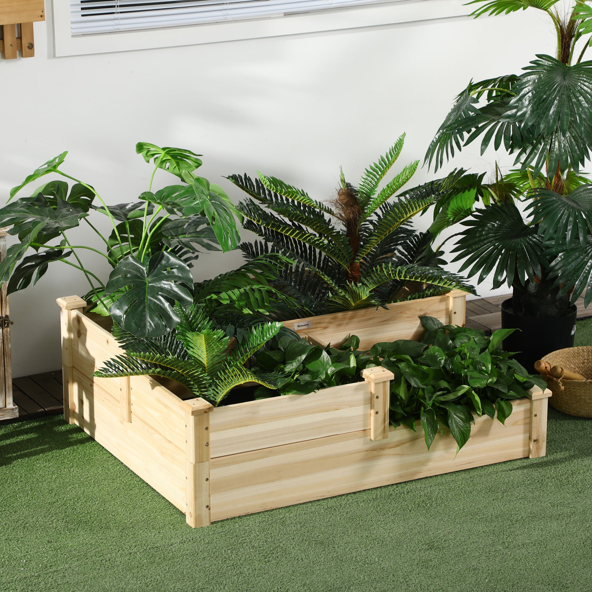 Raised Garden Bed, 3-Tier Planter Bed, Flower Box, Herb Bed, Plant Stand, Flower Stand for Balcony, Garden, Fir Wood, Natural, 108 x 88 x 36 cm