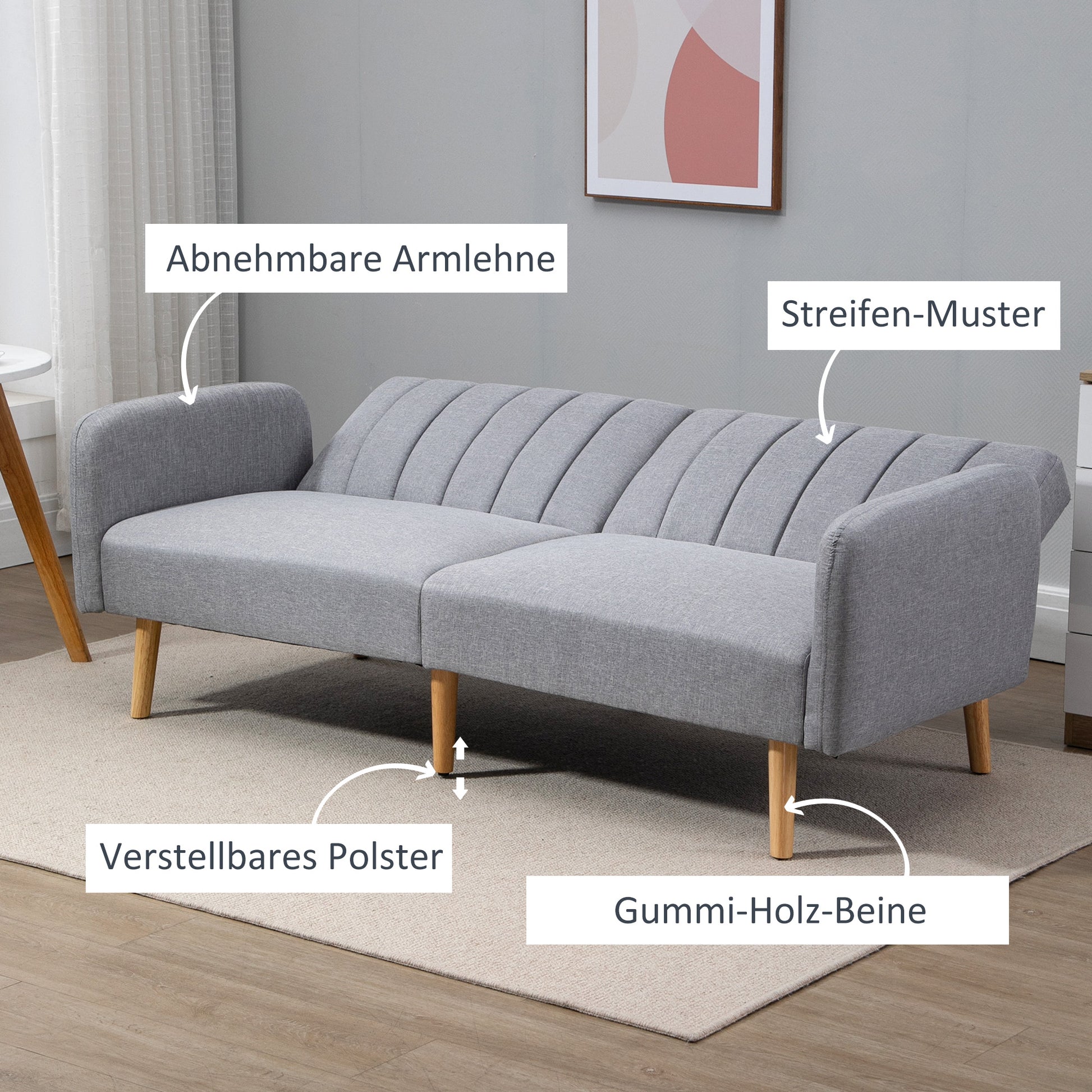 Sleeper Sofa, 2-Seater Sofa Bed with Adjustable Backrest, Thickly Padded Couch, Armrest, Sofa Bed with Wooden Legs for Living Room, Guest Room, 173 x 75 x 73 cm, Light Gray