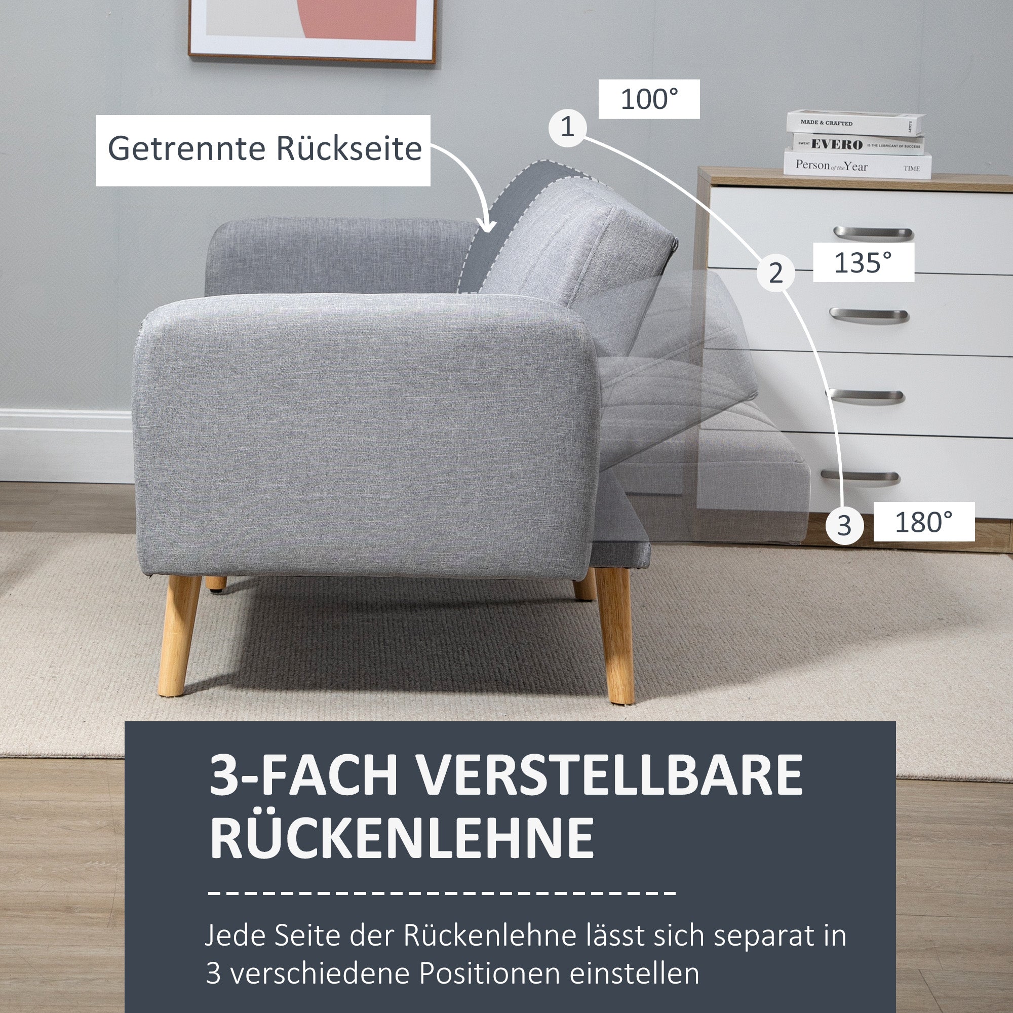 Sleeper Sofa, 2-Seater Sofa Bed with Adjustable Backrest, Thickly Padded Couch, Armrest, Sofa Bed with Wooden Legs for Living Room, Guest Room, 173 x 75 x 73 cm, Light Gray