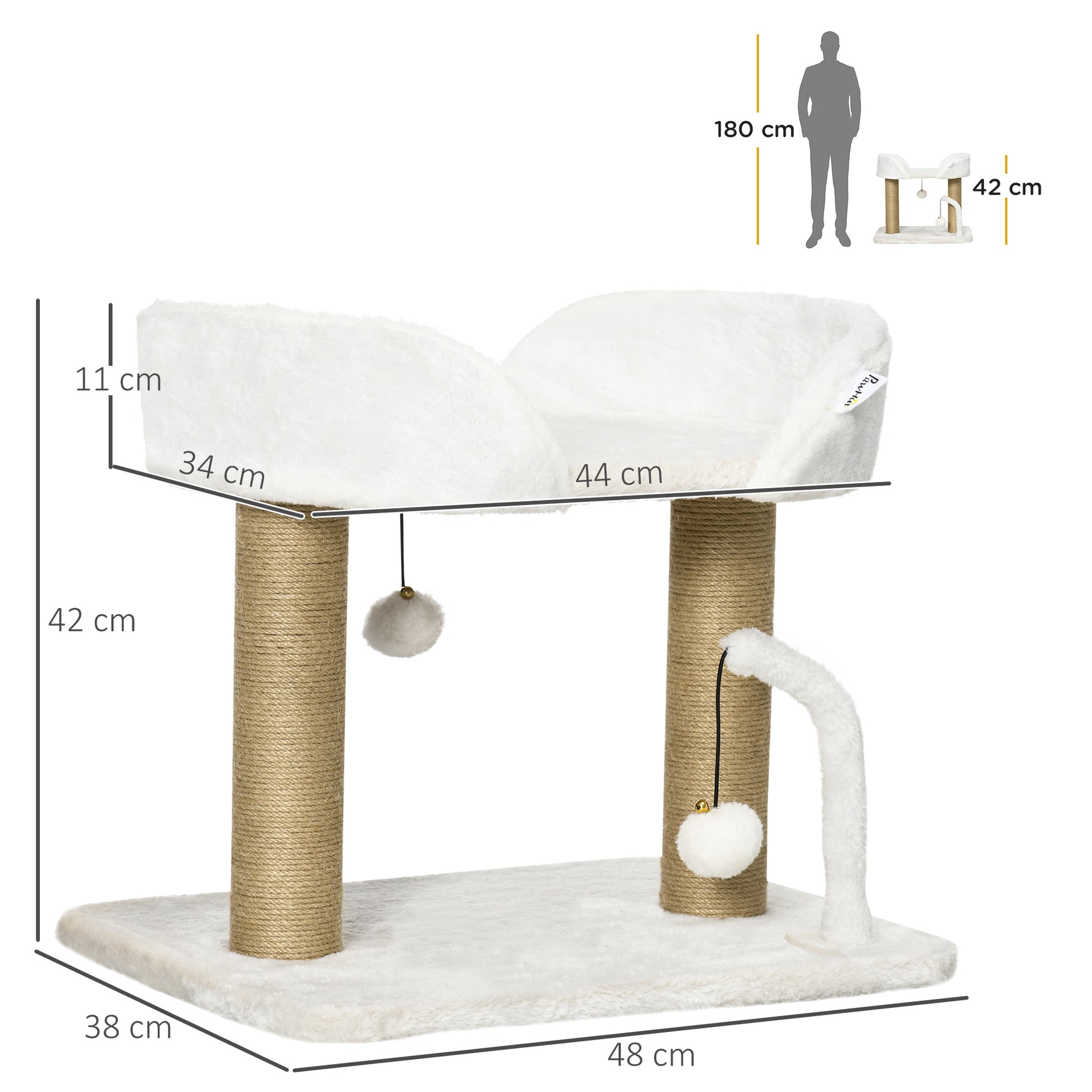 Cat Scratching Tree for Small Cats Height 42 cm Cat Tree with Nest Hanging Balls and Sisal Posts 48x38x42 cm White