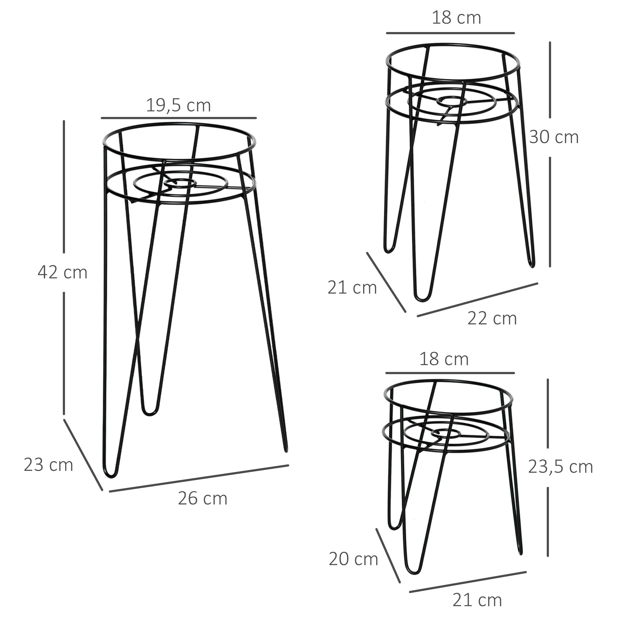 3-Piece Plant Stand Set, 23.5/30/42cm Tall Flower Stands for Indoor Outdoor, Metal Plant Stand for Living Room, Garden Balcony, Black