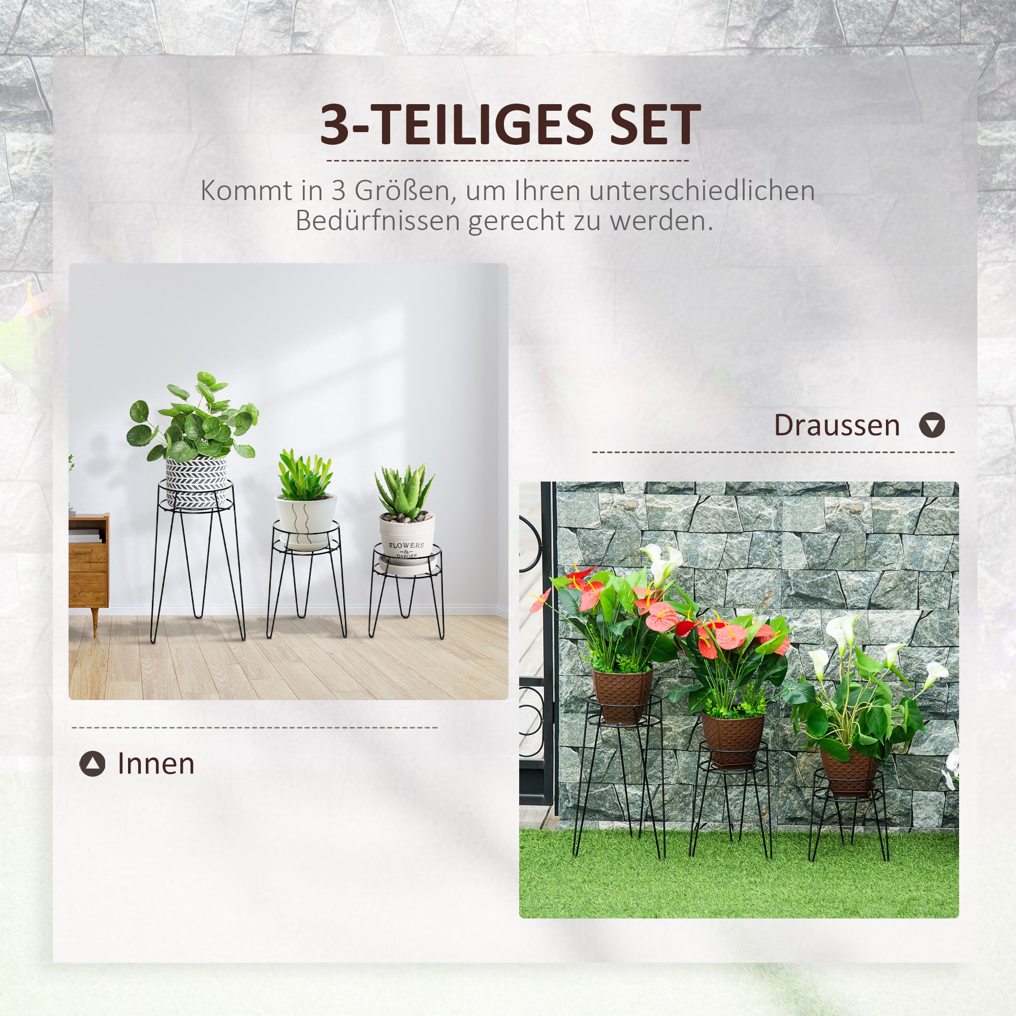 3-Piece Plant Stand Set, 23.5/30/42cm Tall Flower Stands for Indoor Outdoor, Metal Plant Stand for Living Room, Garden Balcony, Black