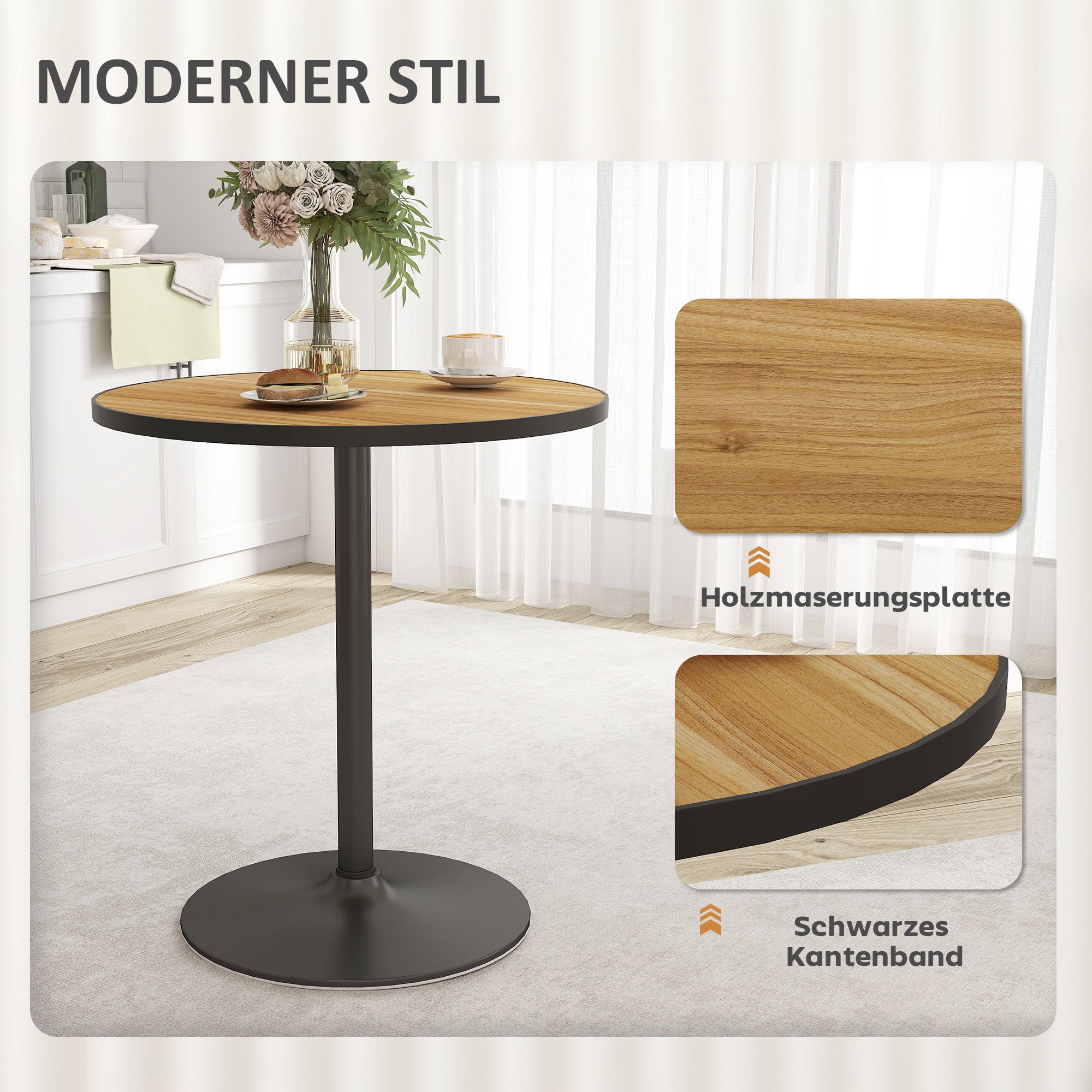 Dining Table, Round Kitchen Table, Modern Dining Table with Wood-Look Top for 4 People, Coffee Table for Living Room, Ø70 x 76 cm, Oak