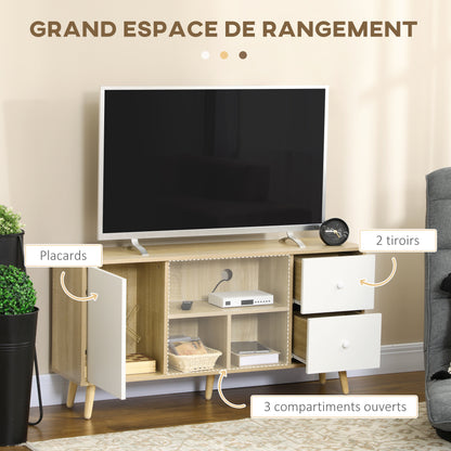 TV Stand TV Bench for TVs up to 45 Inches with Solid Wood Legs Scandinavian Style 3 Shelves 1 Cupboard with Door and 2 Drawers 120 x 30 x 60 cm