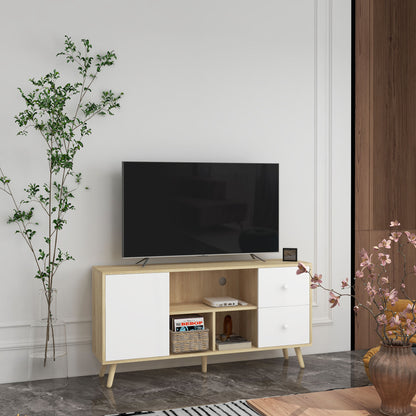 TV Stand TV Bench for TVs up to 45 Inches with Solid Wood Legs Scandinavian Style 3 Shelves 1 Cupboard with Door and 2 Drawers 120 x 30 x 60 cm